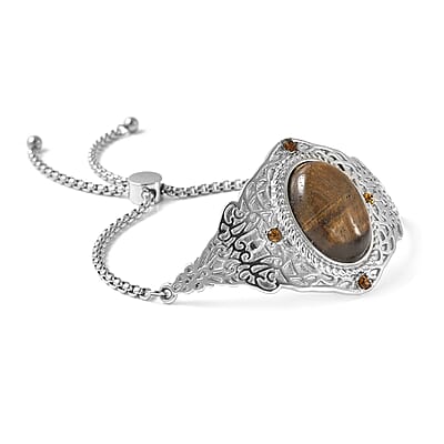 Yellow Tiger's Eye and Brown Austrian Crystal Bolo Bracelet in Stainless Steel 23.25 ctw