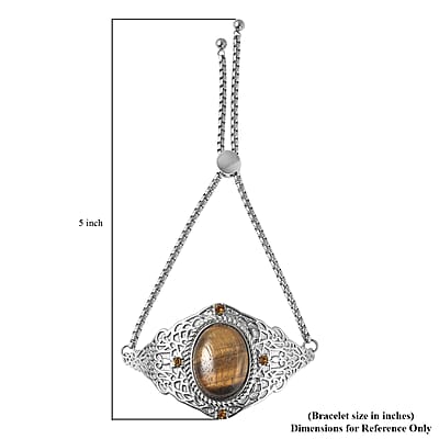 Yellow Tiger's Eye and Brown Austrian Crystal Bolo Bracelet in Stainless Steel 23.25 ctw