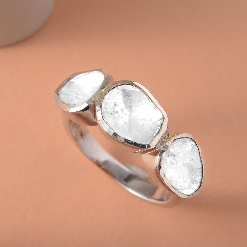 Polki Diamond Trilogy Ring in Platinum Over Sterling Silver (Size 10.0) 1.25 ctw
