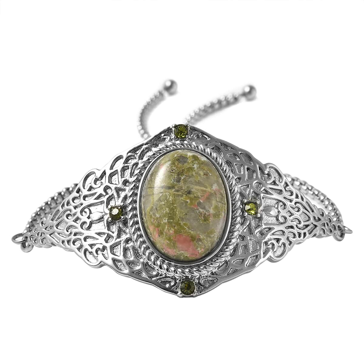 Unakite and Neon Green Austrian Crystal Bolo Bracelet in Stainless Steel 23.75 ctw image number 0