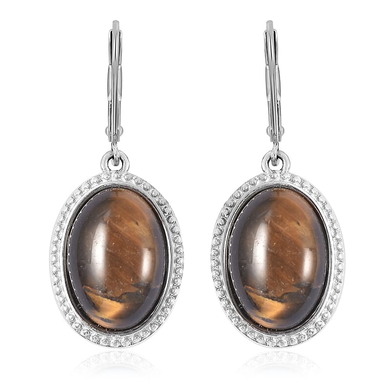 Yellow Tiger's Eye Lever Back Earrings in Stainless Steel 8.00 ctw