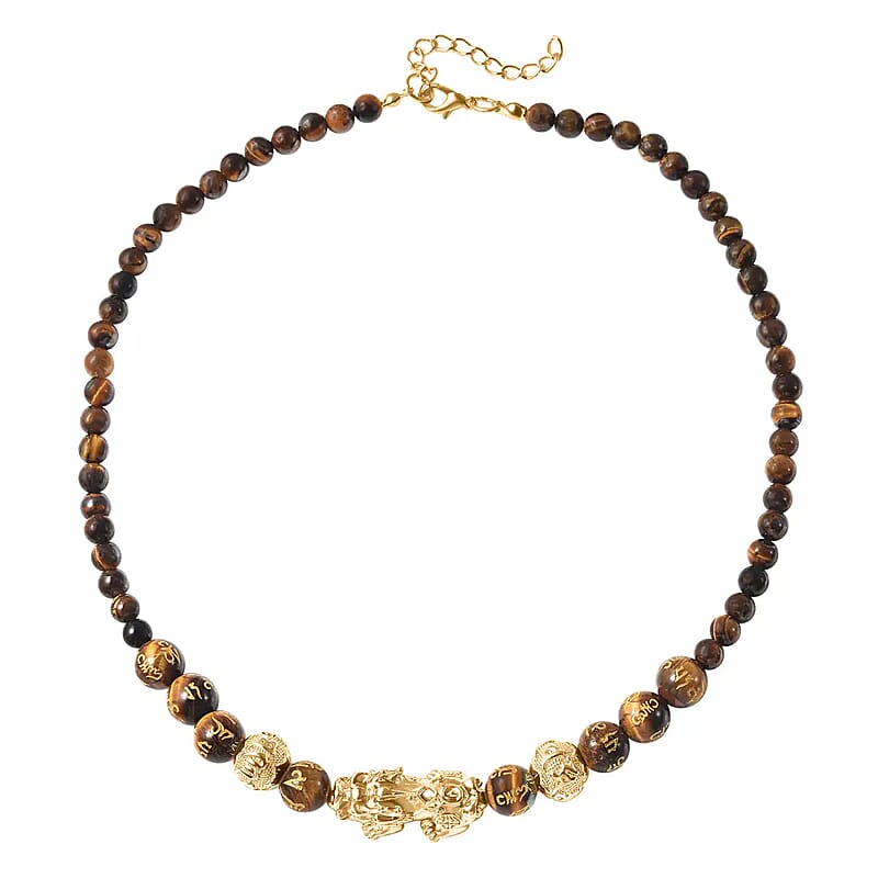 Feng Shui Yellow Tiger's Eye 214.00 ctw Beaded Pi Xiu Necklace in Goldtone, Bead Necklace For Women, Unique Birthday Gifts (18-20 Inches)