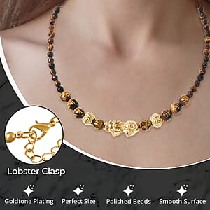 Feng Shui Yellow Tiger's Eye 214.00 ctw Beaded Pi Xiu Necklace in Goldtone, Bead Necklace For Women, Unique Birthday Gifts (18-20 Inches)