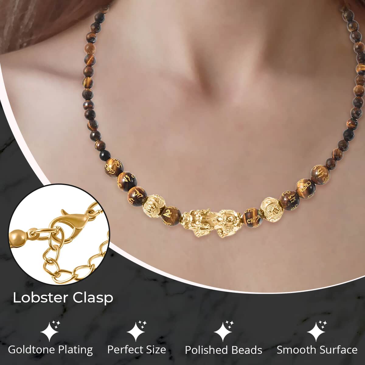 Feng Shui Yellow Tiger's Eye Beaded Pi Xiu Necklace in Goldtone, Bead Necklace For Women, Unique Birthday Gifts (18-20 Inches) 214.00 ctw image number 2