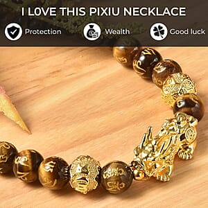 Feng Shui Yellow Tiger's Eye 214.00 ctw Beaded Pi Xiu Necklace in Goldtone, Bead Necklace For Women, Unique Birthday Gifts (18-20 Inches)