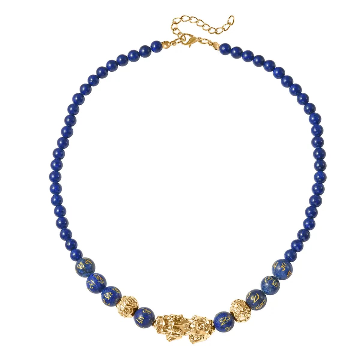Feng Shui Lapis Lazuli Beaded Pi Xiu Necklacein Goldtone, Hand Carved Beads Necklace, Lucky Charm 18-20 Inches 207.50 ctw image number 0