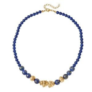 Feng Shui Lapis Lazuli Beaded Pi Xiu Necklacein Goldtone, Hand Carved Beads Necklace, Lucky Charm 18-20 Inches 207.50 ctw