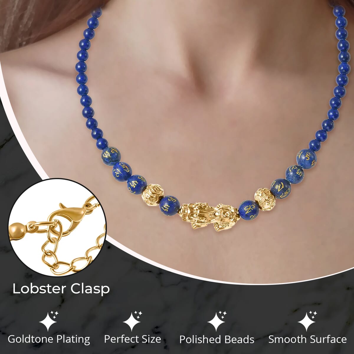 Feng Shui Lapis Lazuli Beaded Pi Xiu Necklacein Goldtone, Hand Carved Beads Necklace, Lucky Charm 18-20 Inches 207.50 ctw image number 2