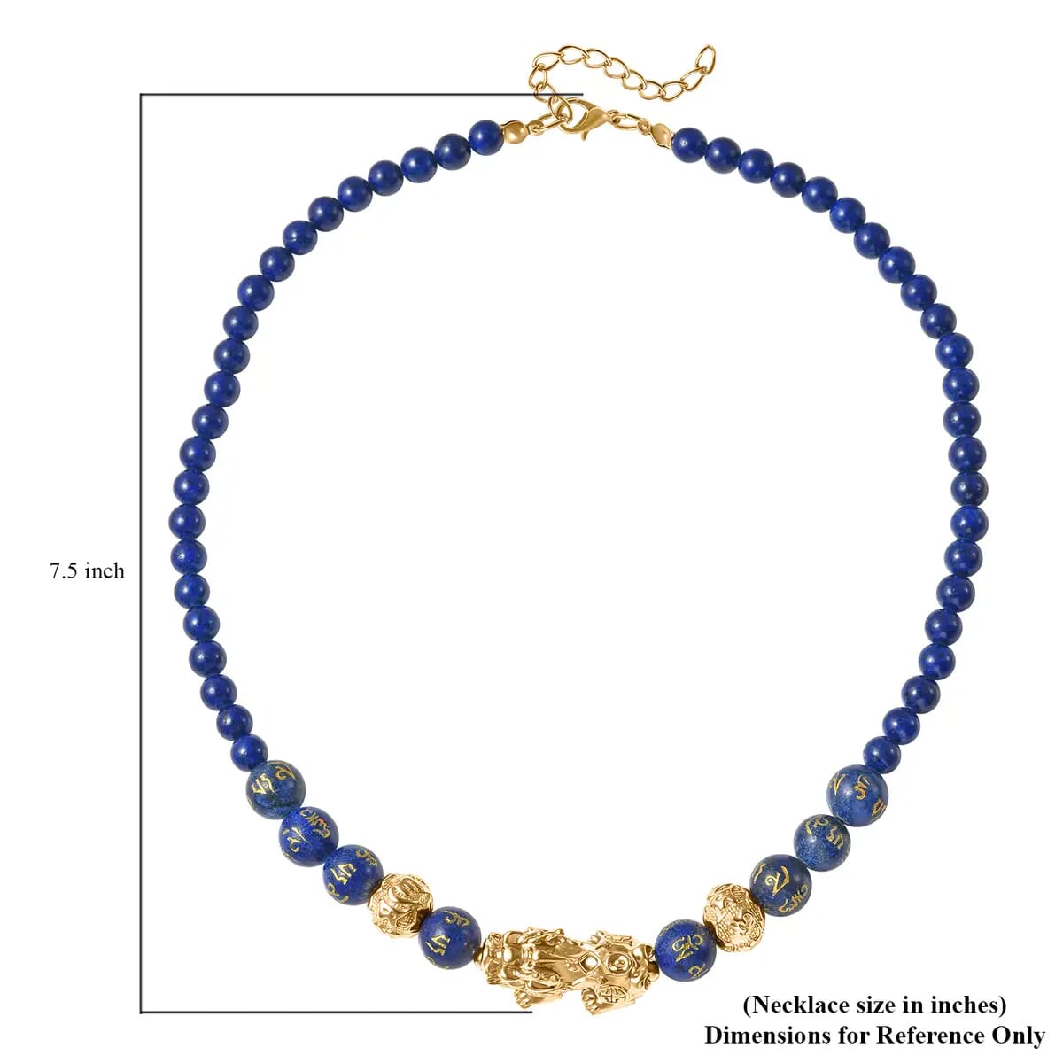Feng Shui Lapis Lazuli Beaded Pi Xiu Necklacein Goldtone, Hand Carved Beads Necklace, Lucky Charm 18-20 Inches 207.50 ctw image number 6