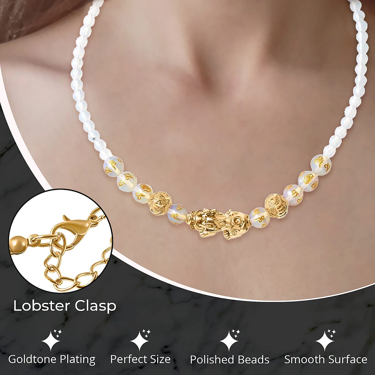 Feng Shui Gold Opalite 165.00 ctw Beaded Pi Xiu Necklace in Goldtone, Bead Necklace For Women, Unique Birthday Gifts (18-20 Inches) image number 2