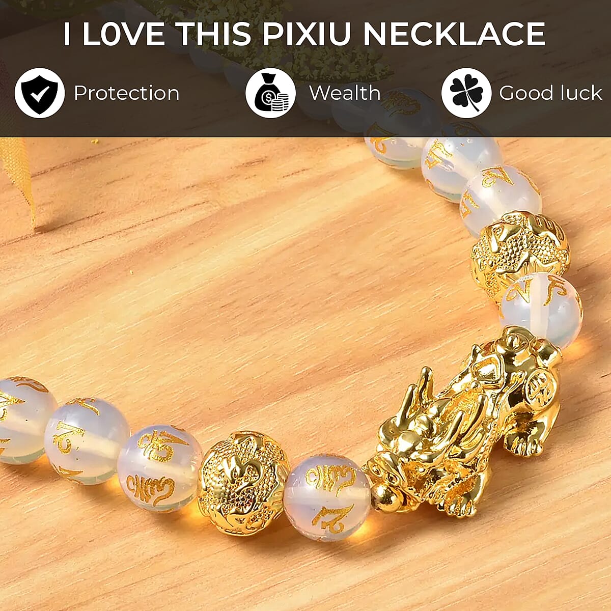 Feng Shui Gold Opalite 165.00 ctw Beaded Pi Xiu Necklace in Goldtone, Bead Necklace For Women, Unique Birthday Gifts (18-20 Inches) image number 3