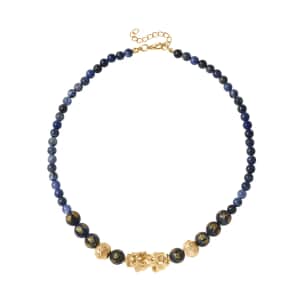 Feng Shui Sodalite Beaded Pixiu Necklace in Goldtone,Hand Carved Beads Necklace,Lucky Charm 18-20 Inches 173.00 ctw