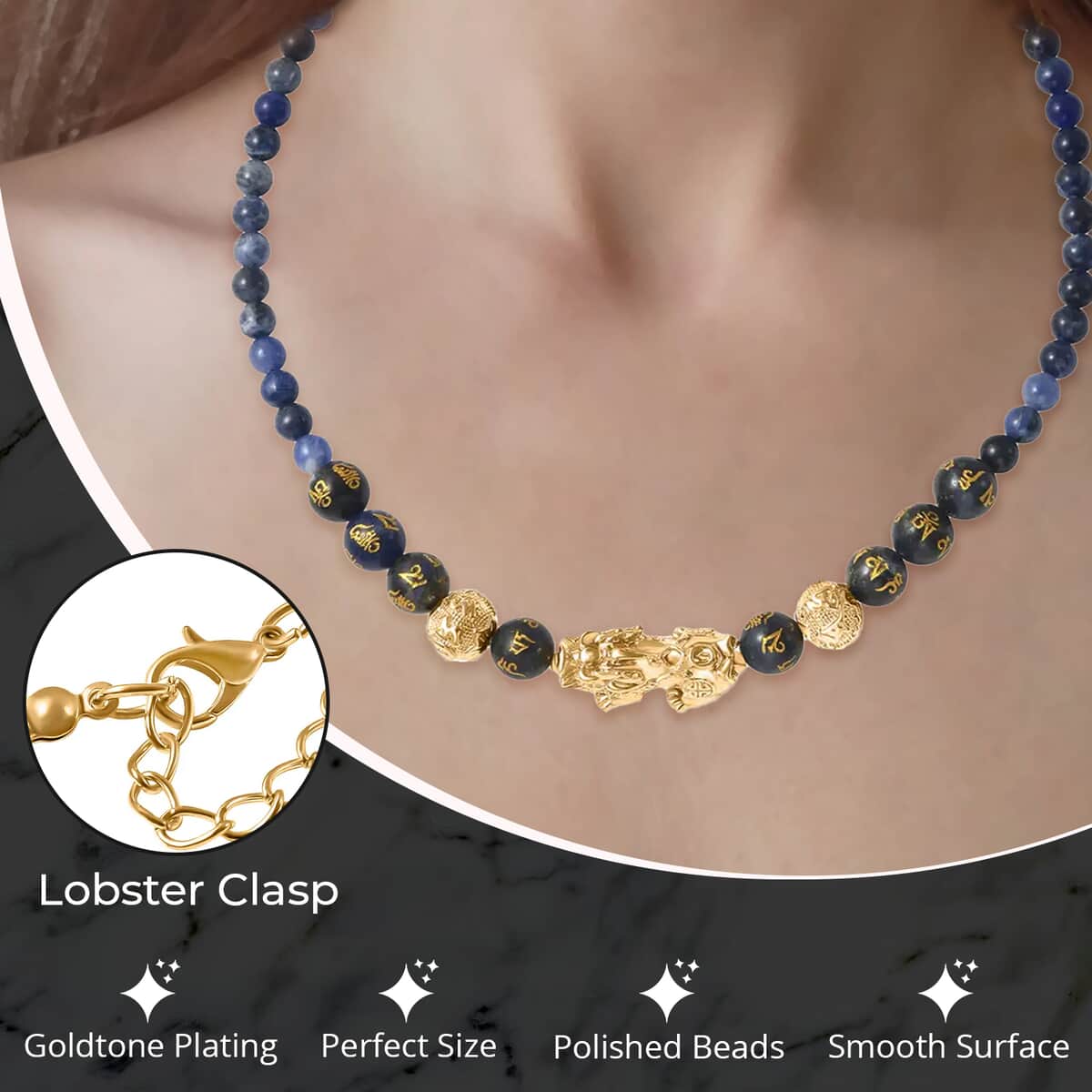 Feng Shui Sodalite Beaded Pixiu Necklace in Goldtone,Hand Carved Beads Necklace,Lucky Charm 18-20 Inches 173.00 ctw image number 2