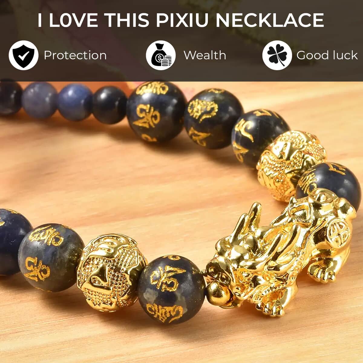 Feng Shui Sodalite Beaded Pixiu Necklace in Goldtone,Hand Carved Beads Necklace,Lucky Charm 18-20 Inches 173.00 ctw image number 3