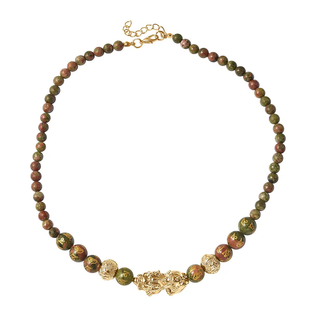 Feng Shui Unakite 214.00 ctw Beaded Pi Xiu Necklace in Goldtone, Hand Carved Beads Necklace, Lucky Charm 18-20 Inches image number 0