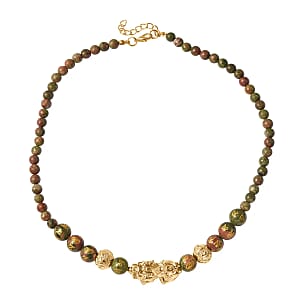 Feng Shui Unakite 214.00 ctw Beaded Pi Xiu Necklace in Goldtone, Hand Carved Beads Necklace, Lucky Charm 18-20 Inches