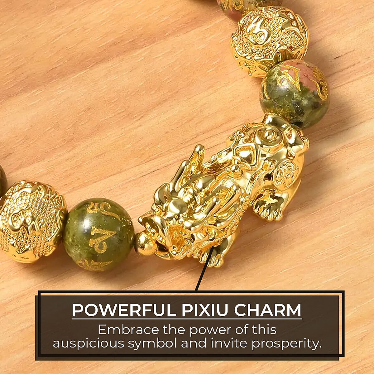 Feng Shui Unakite 214.00 ctw Beaded Pi Xiu Necklace in Goldtone, Hand Carved Beads Necklace, Lucky Charm 18-20 Inches image number 1