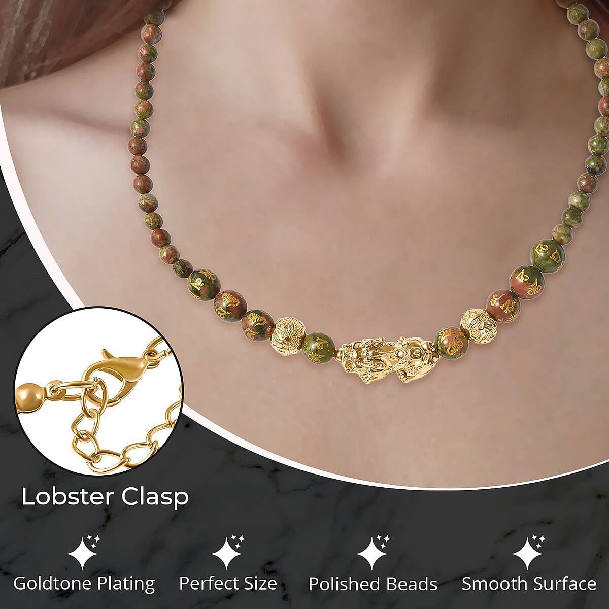 Feng Shui Unakite 214.00 ctw Beaded Pi Xiu Necklace in Goldtone, Hand Carved Beads Necklace, Lucky Charm 18-20 Inches image number 2