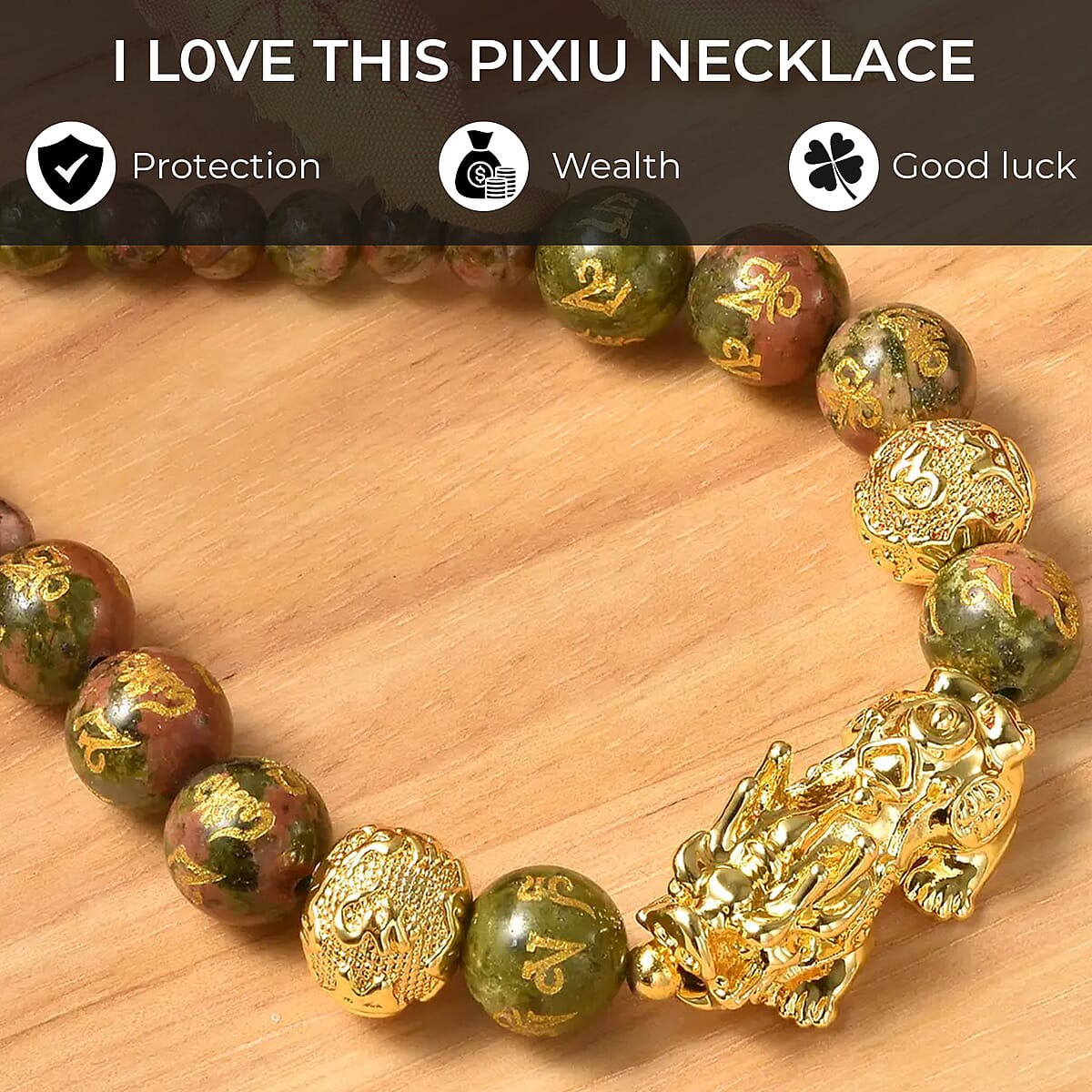 Feng Shui Unakite 214.00 ctw Beaded Pi Xiu Necklace in Goldtone, Hand Carved Beads Necklace, Lucky Charm 18-20 Inches image number 3