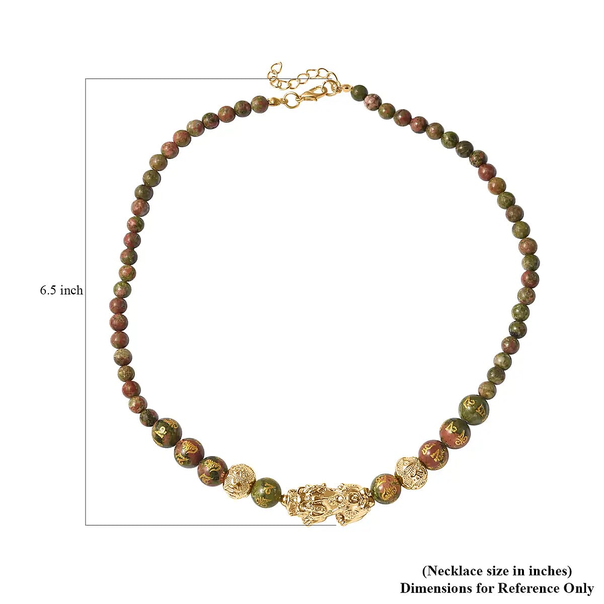Feng Shui Unakite 214.00 ctw Beaded Pi Xiu Necklace in Goldtone, Hand Carved Beads Necklace, Lucky Charm 18-20 Inches image number 6