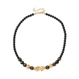 Feng Shui Black Obsidian Beaded Pixiu Necklace in Goldtone,Hand Carved Beads Necklace,Lucky Charm 18-20 Inches 173.50 ctw