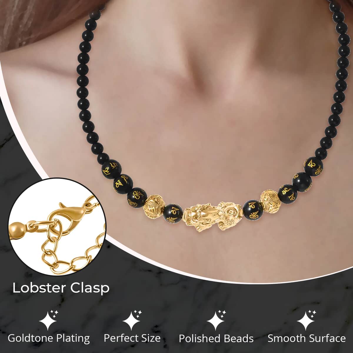 Feng Shui Black Obsidian Beaded Pixiu Necklace in Goldtone,Hand Carved Beads Necklace,Lucky Charm 18-20 Inches 173.50 ctw image number 2