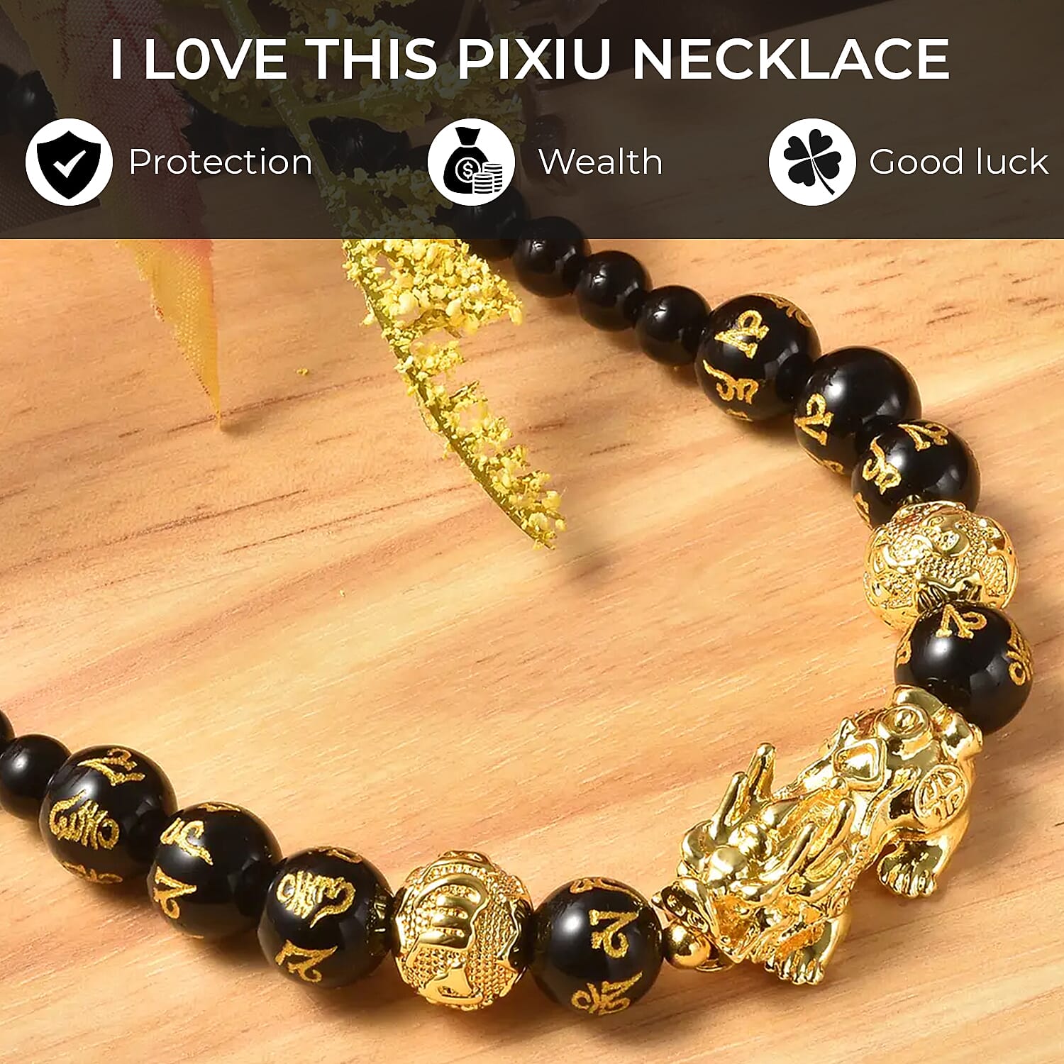 Feng Shui Black Obsidian Beaded Pixiu Necklace in Goldtone,Hand Carved Beads Necklace,Lucky Charm 18-20 Inches 173.50 ctw