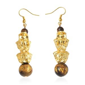 Feng Shui Yellow Tiger's Eye Carved Beaded Pixiu Earrings in Goldtone 18.50 ctw