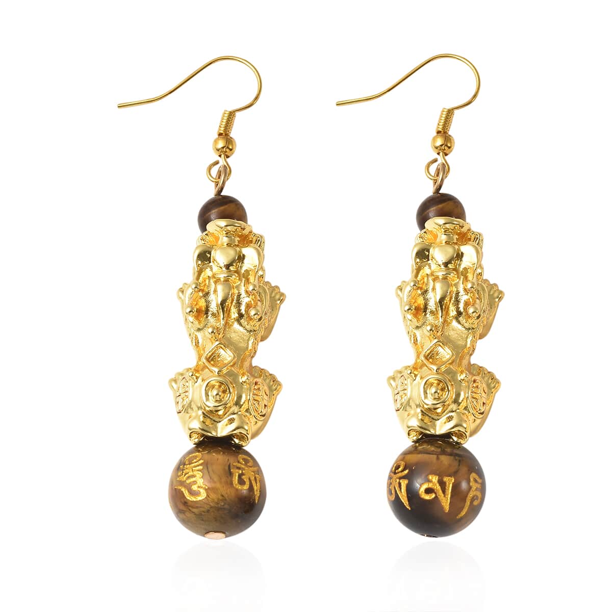 Feng Shui Yellow Tiger's Eye Carved Beaded Pixiu Earrings in Goldtone 18.50 ctw image number 0