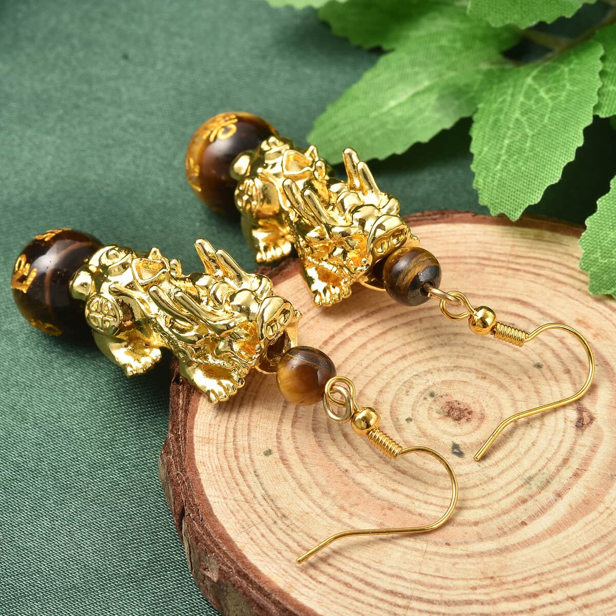 Feng Shui Yellow Tiger's Eye Carved Beaded Pixiu Earrings in Goldtone 18.50 ctw image number 1