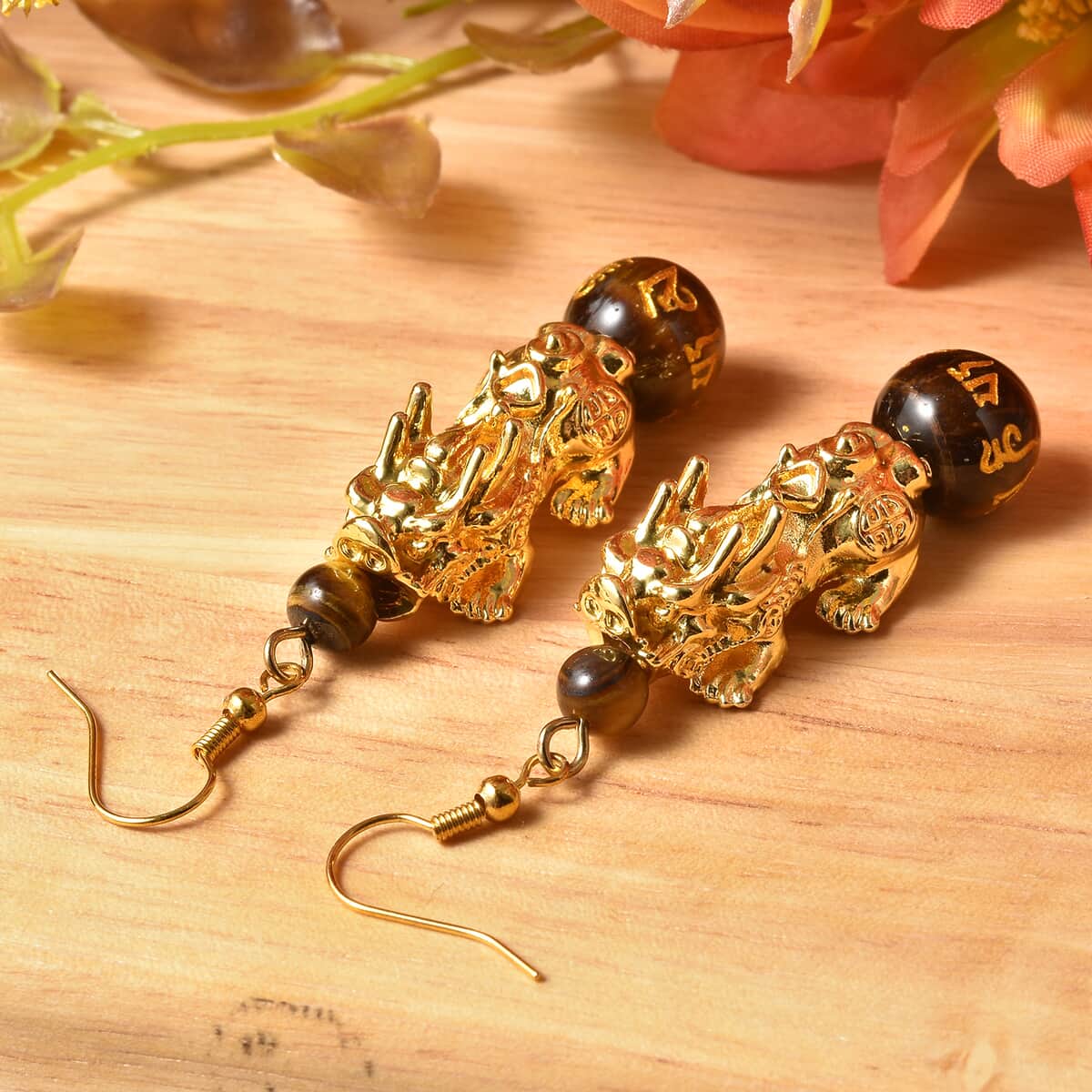 Feng Shui Yellow Tiger's Eye Carved Beaded Pixiu Earrings in Goldtone 18.50 ctw image number 2