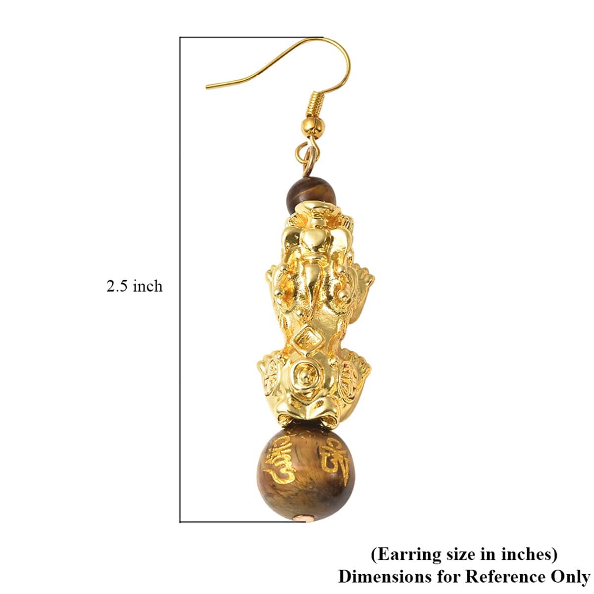 Feng Shui Yellow Tiger's Eye Carved Beaded Pixiu Earrings in Goldtone 18.50 ctw image number 3