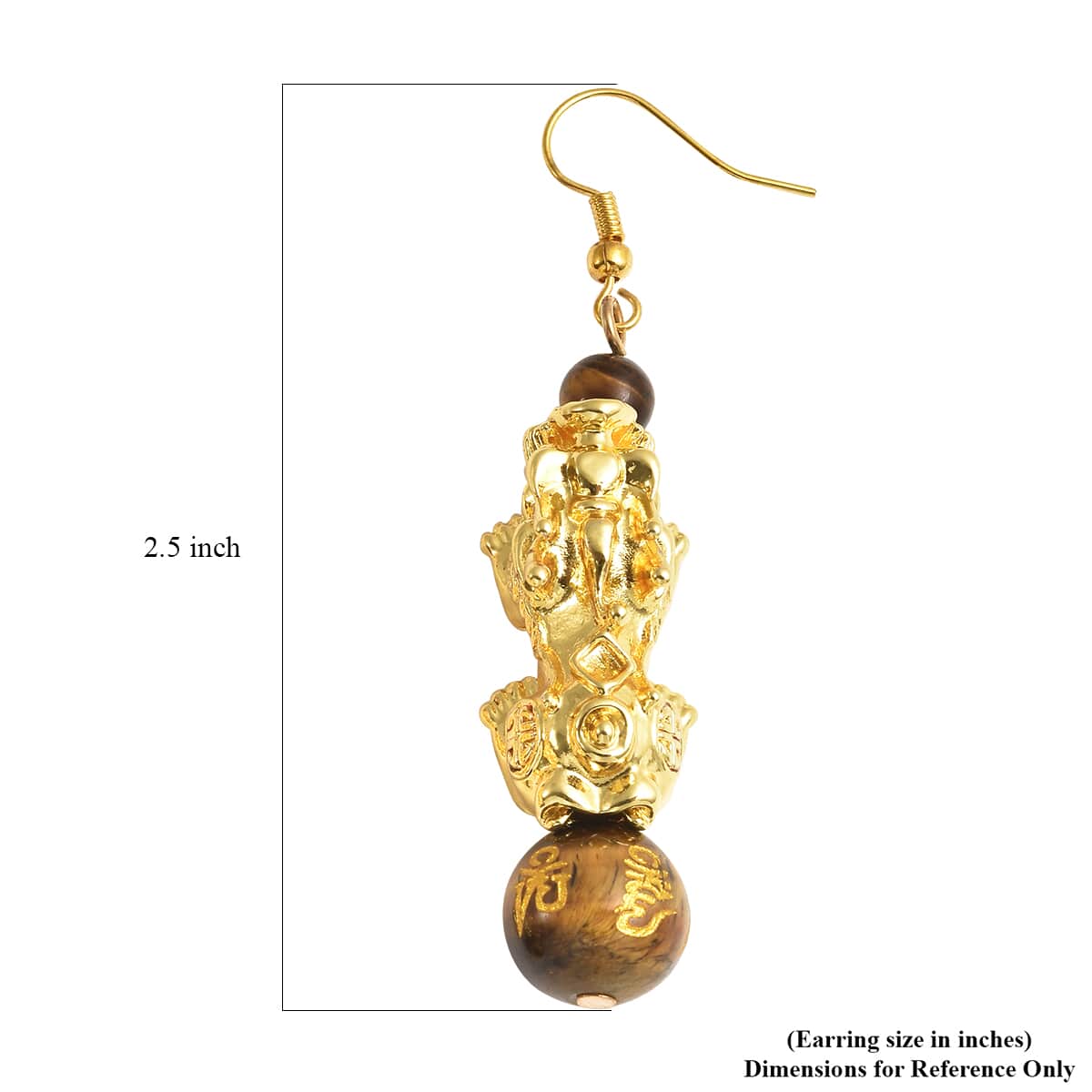 Feng Shui Yellow Tiger's Eye Carved Beaded Pixiu Earrings in Goldtone 18.50 ctw image number 4