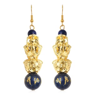 Feng Shui Lapis Lazuli Carved Beaded Pixiu Earrings in Goldtone 18.50 ctw