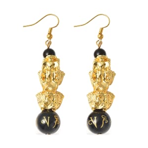 Feng Shui Black Obsidian Carved Beaded Pixiu Earrings in Goldtone 17.75 ctw