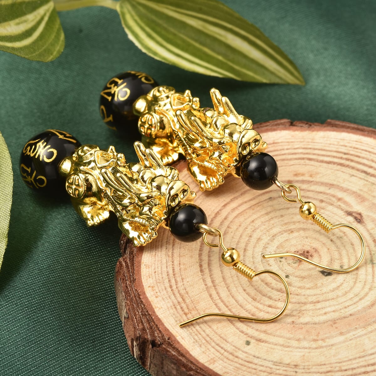 Feng Shui Black Obsidian Carved Beaded Pixiu Earrings in Goldtone 17.75 ctw image number 1