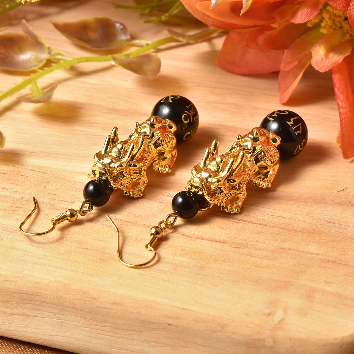 Feng Shui Black Obsidian Carved Beaded Pixiu Earrings in Goldtone 17.75 ctw image number 2