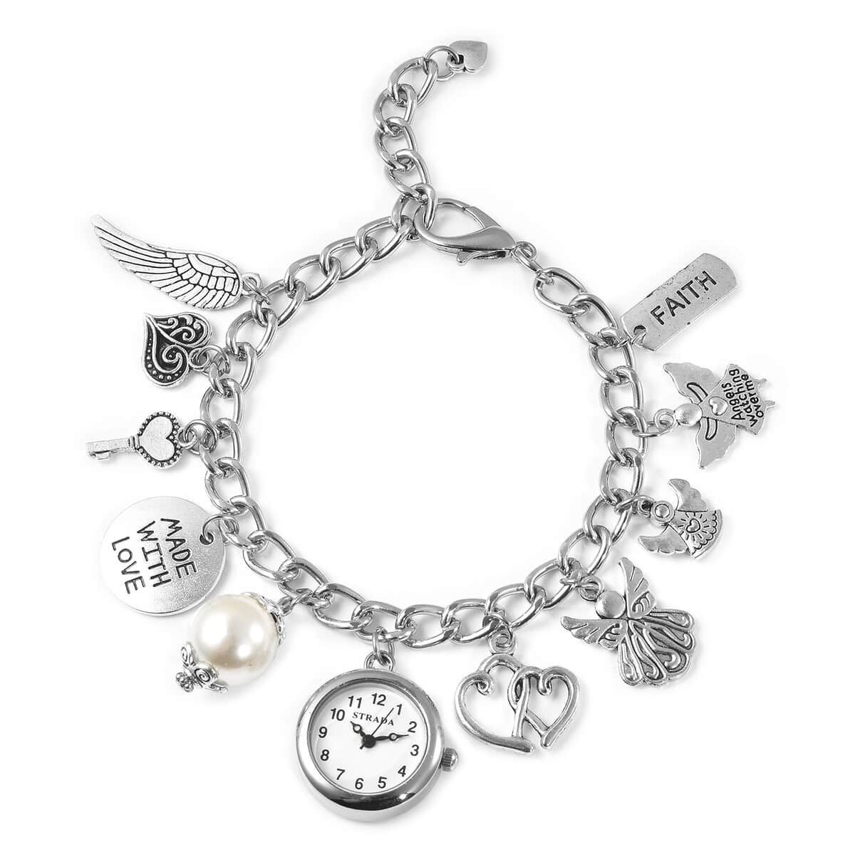 STRADA Japanese Movement Faith and Love White Bead Multi Charm Bracelet Watch (up to 9.5 inches) image number 0