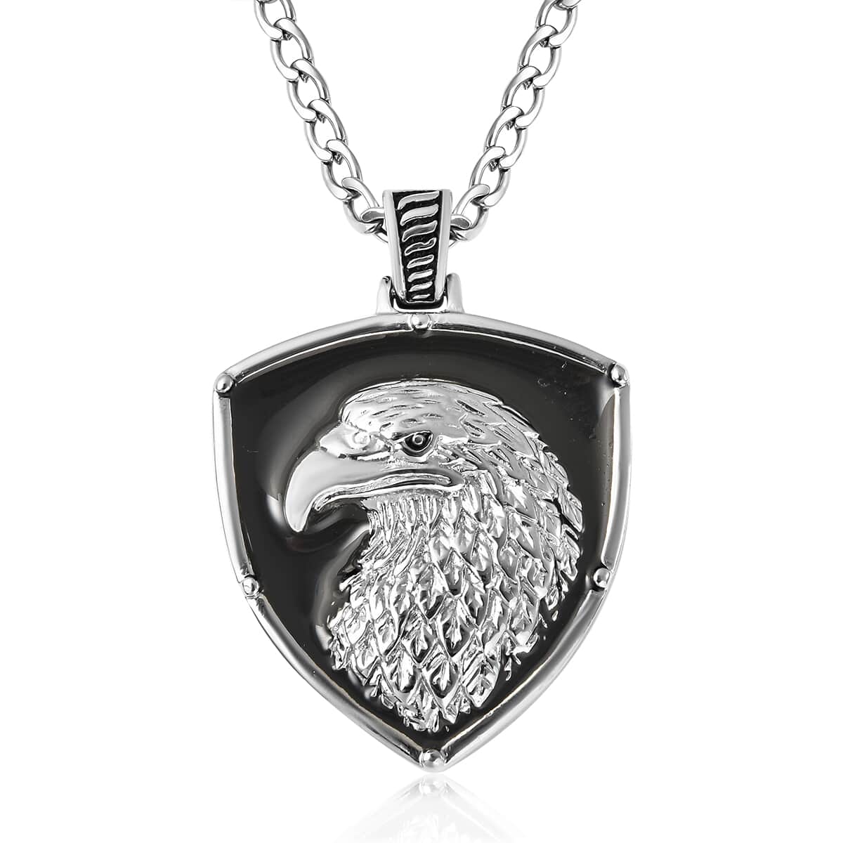 Enameled Double Sided Shield Shape Eagle Necklace 24 Inches in Stainless Steel image number 0