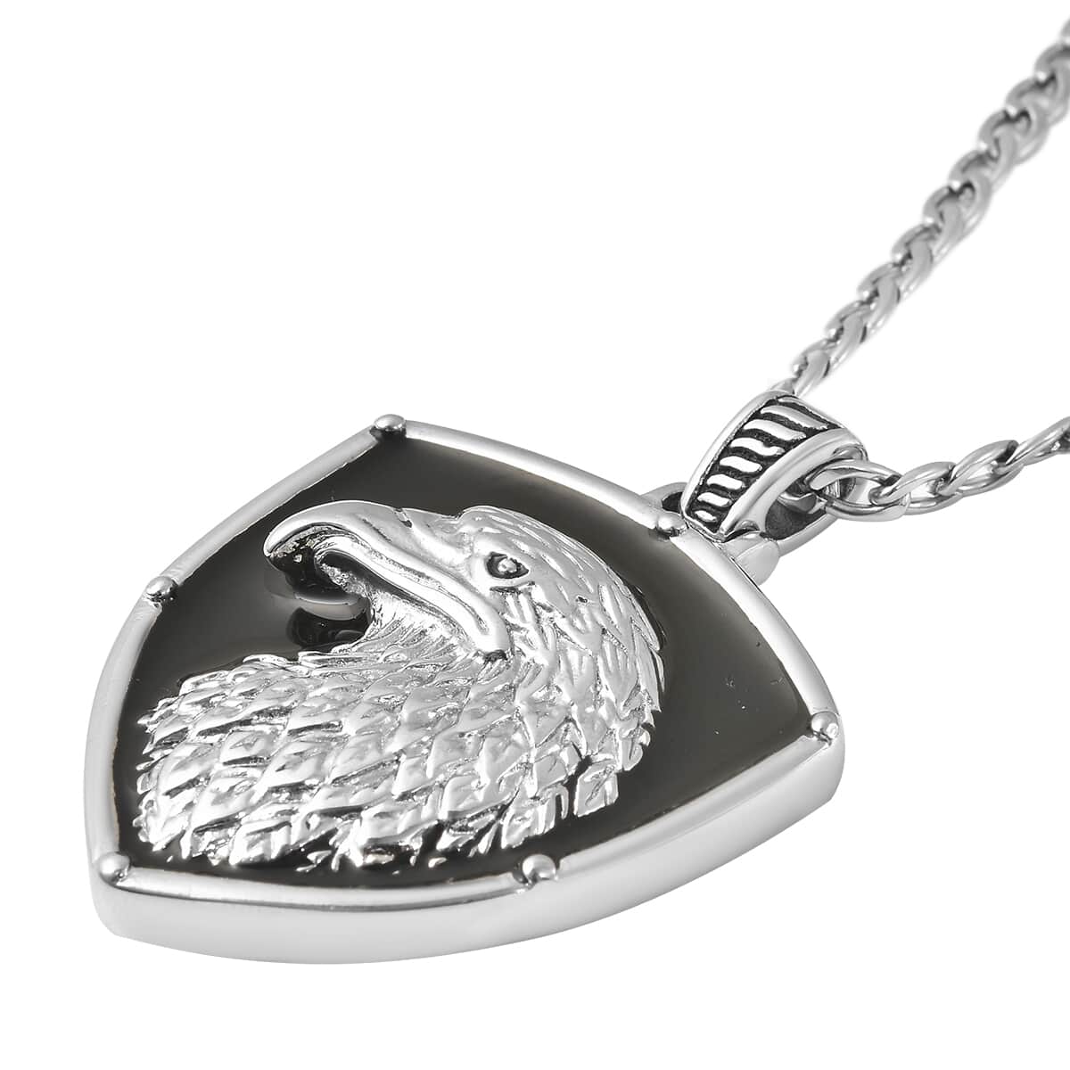 Enameled Double Sided Shield Shape Eagle Necklace 24 Inches in Stainless Steel image number 3