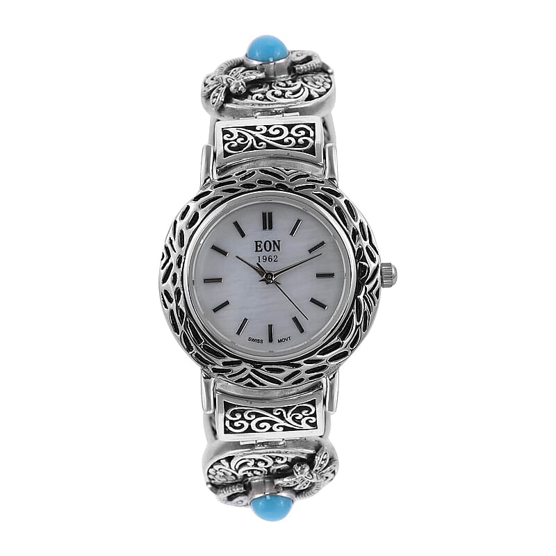 Bali Legacy Eon 1962 Sleeping Beauty Turquoise Swiss Movement Bracelet Watch in Sterling Silver (7.50 In) 3.90 ctw