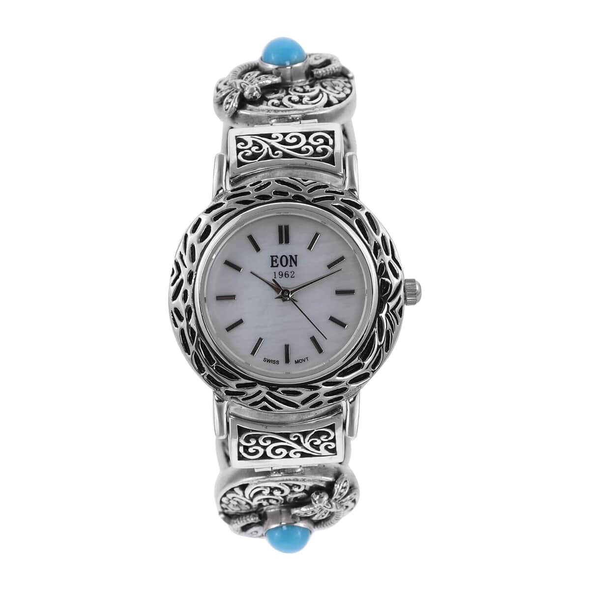 Bali Legacy Eon 1962 Sleeping Beauty Turquoise Swiss Movement Bracelet Watch in Sterling Silver (7.50 In) 3.90 ctw image number 0
