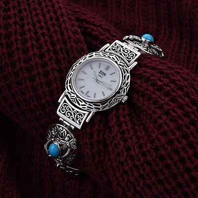 Bali Legacy Eon 1962 Sleeping Beauty Turquoise Swiss Movement Bracelet Watch in Sterling Silver (7.50 In) 3.90 ctw