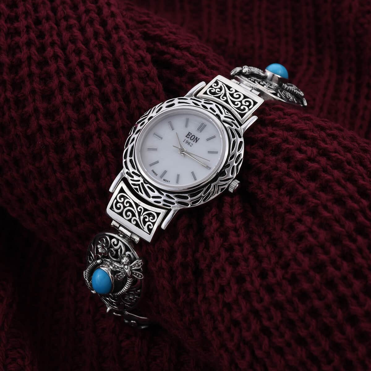 Bali Legacy Eon 1962 Sleeping Beauty Turquoise Swiss Movement Bracelet Watch in Sterling Silver (7.50 In) 3.90 ctw image number 1