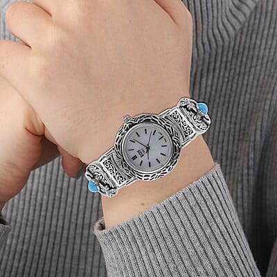 Bali Legacy Eon 1962 Sleeping Beauty Turquoise Swiss Movement Bracelet Watch in Sterling Silver (7.50 In) 3.90 ctw