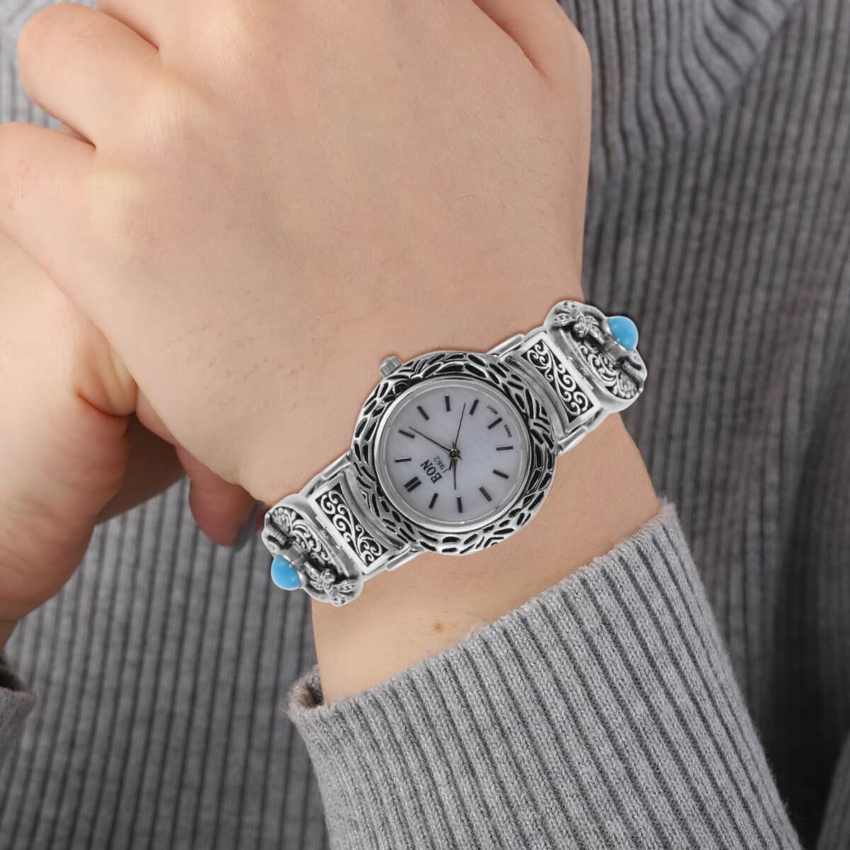 Bali Legacy Eon 1962 Sleeping Beauty Turquoise Swiss Movement Bracelet Watch in Sterling Silver (7.50 In) 3.90 ctw image number 2