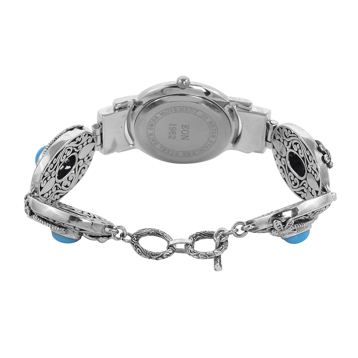Bali Legacy Eon 1962 Sleeping Beauty Turquoise Swiss Movement Bracelet Watch in Sterling Silver (7.50 In) 3.90 ctw