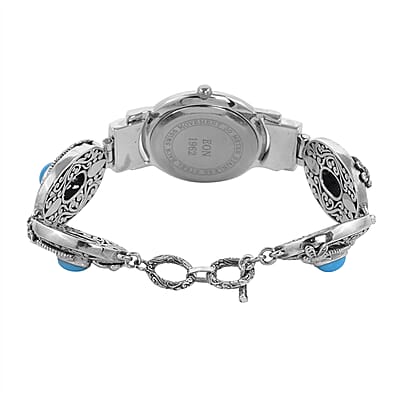 Bali Legacy Eon 1962 Sleeping Beauty Turquoise Swiss Movement Bracelet Watch in Sterling Silver (7.50 In) 3.90 ctw