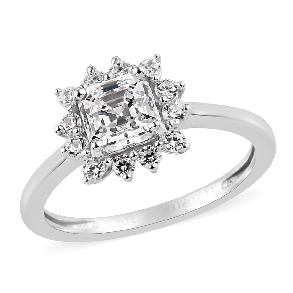 Luxoro 10K White Gold Made with Asscher Cut Finest CZ 5mm Sunburst Ring (Size 8.0) 1.50 ctw image number 0