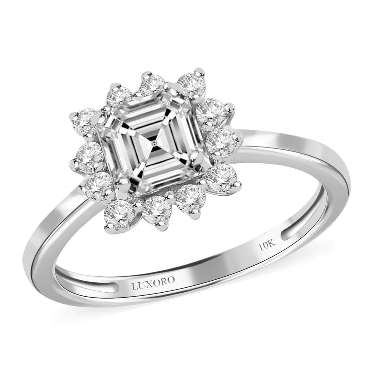 Luxoro 10K White Gold Made with Asscher Cut Finest CZ 5mm Sunburst Ring (Size 9.0) 1.50 ctw image number 0